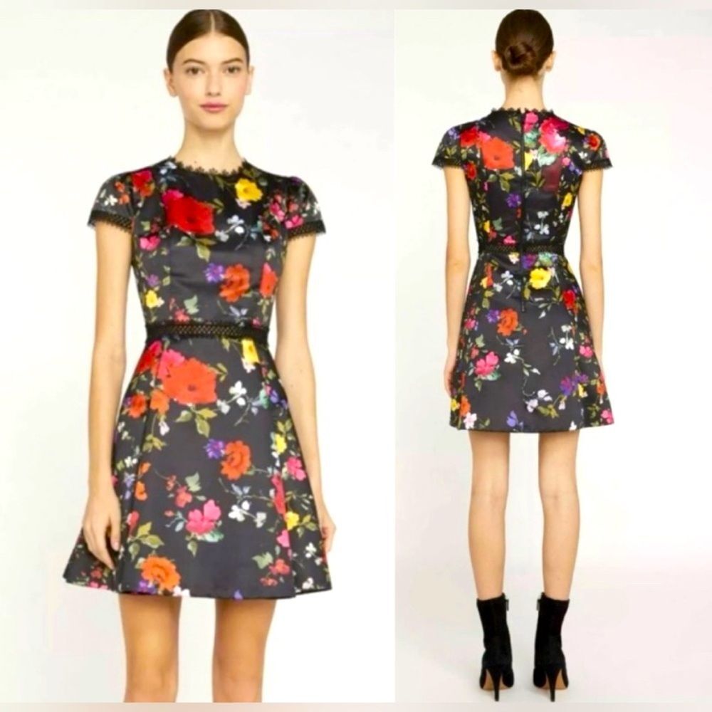 Alice + Olivia Emmy Floral Black Cap Sleeve Pleated Dress size 4 NWT